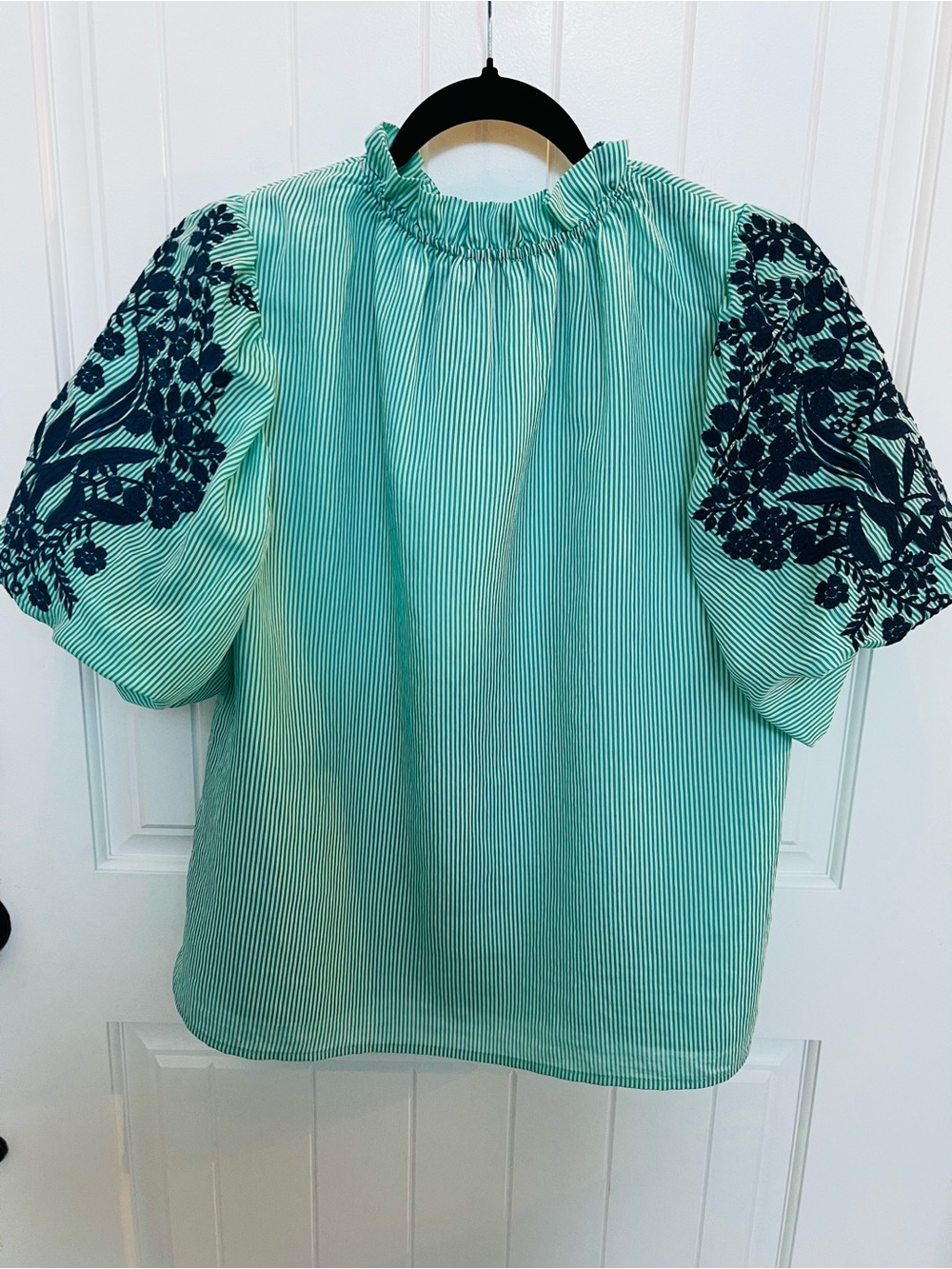 THML Aqua & White Striped Top with Navy Embroidered Puff Sleeves - Picture 7 of 9